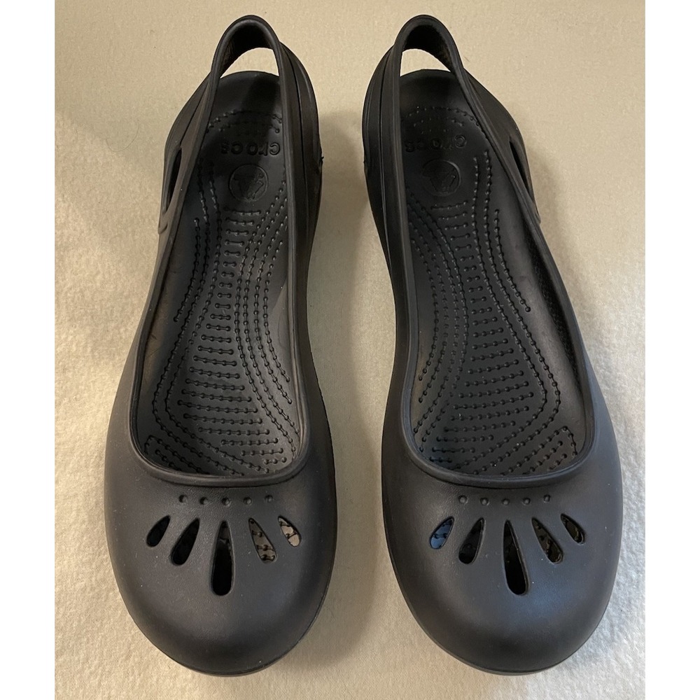 Crocs Ballet Flats Womens 9 Kadee Black Rubber Shoes Cut Out Detail Washable